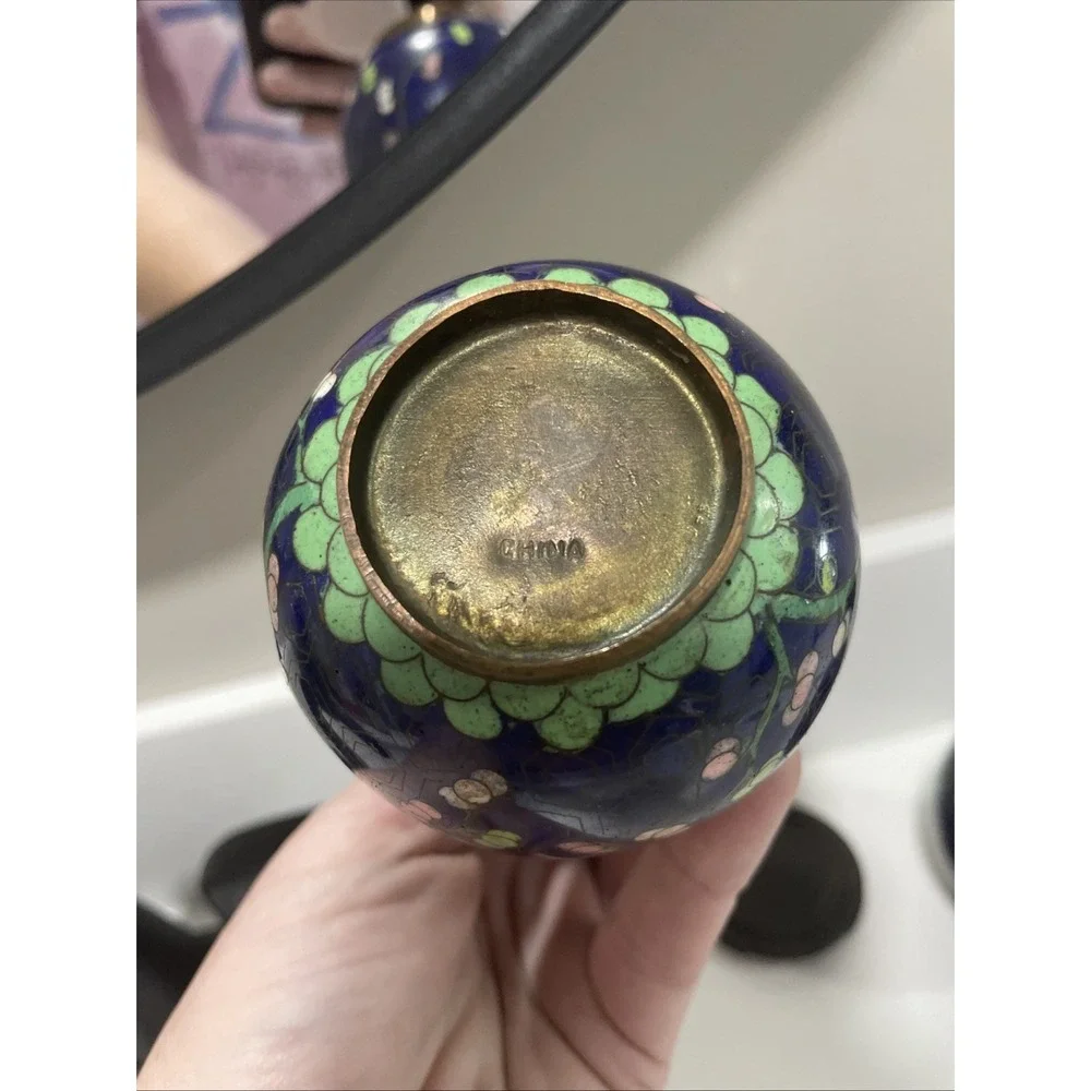 Pair 2‎ Chinese Cloisonne Cobalt Blue Cherry Blossom Floral Enameled Vases 5.5